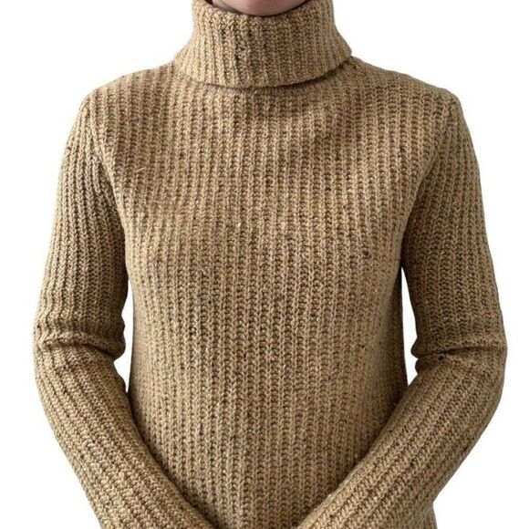 Vintage J Crew Womens Tan Brown Chunky 100% Wool Ribbed Turtle Neck Sweater Sz S - Picture 3 of 7